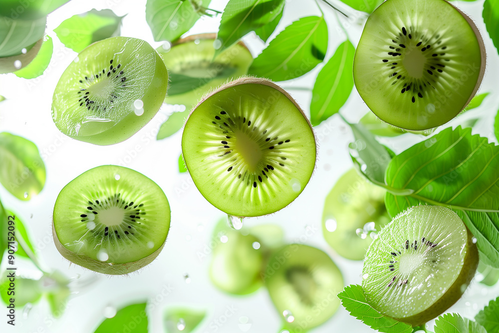 Fototapeta premium Ripe kiwi slices floating in the air with green leaves isolated on white background