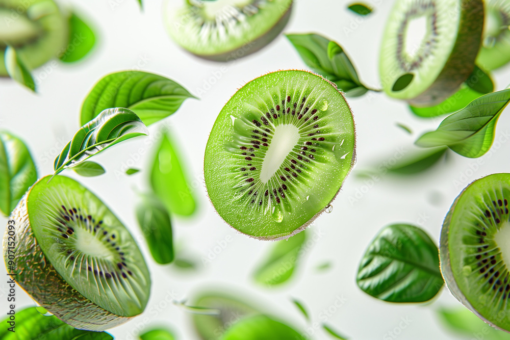 Fototapeta premium Ripe kiwi slices floating in the air with green leaves isolated on white background