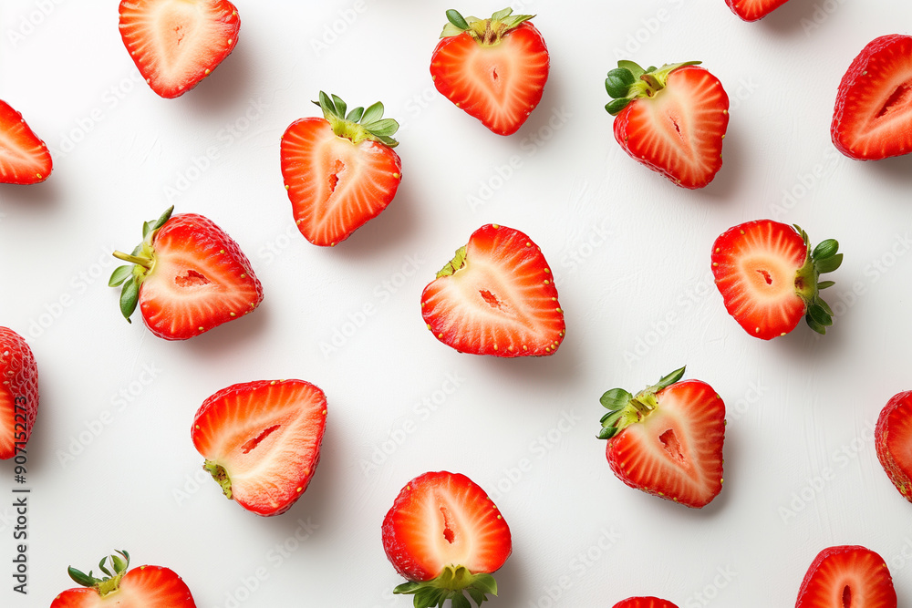 Scattered halves of strawberries on white background. Scattered halves of strawberries on white background.