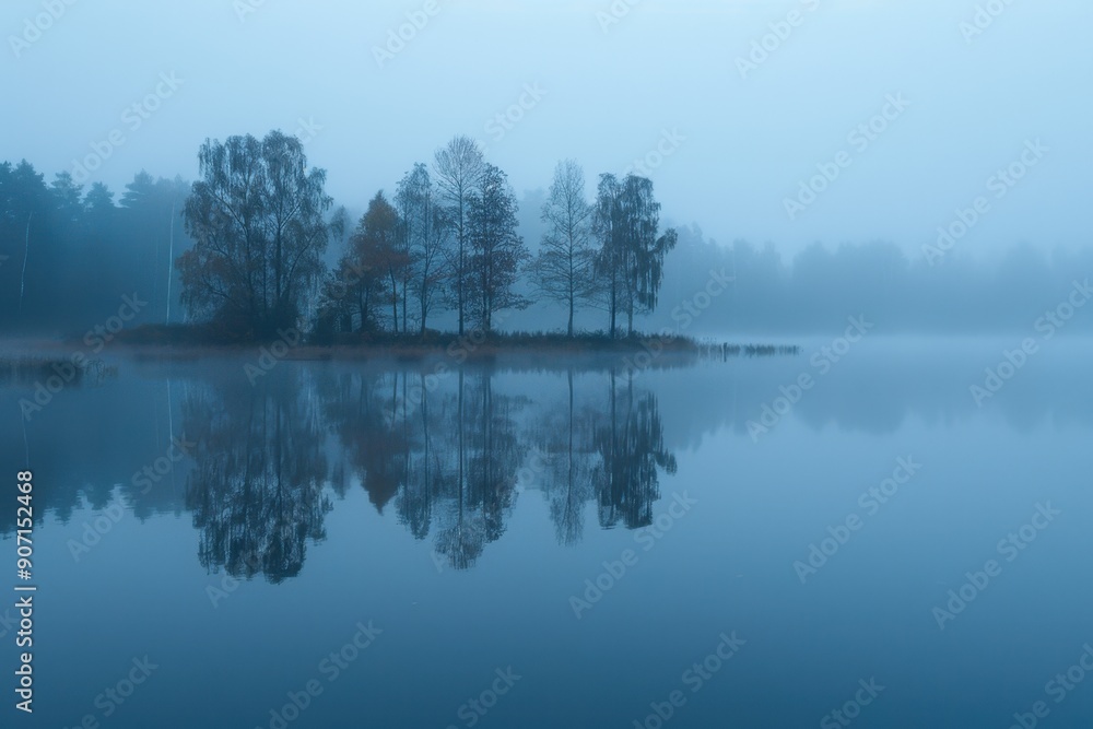 Tranquil lakeside at twilight with serene tree reflections in calm waters Tranquil lakeside at twilight with serene tree reflections in calm waters