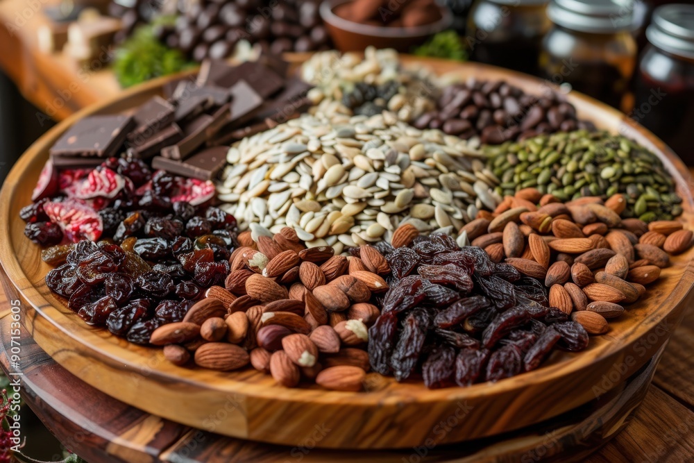 A gourmet selection of nuts, dried fruits, and dark chocolate, perfect for healthy snacking A gourmet selection of nuts, dried fruits, and dark chocolate, perfect for healthy snacking