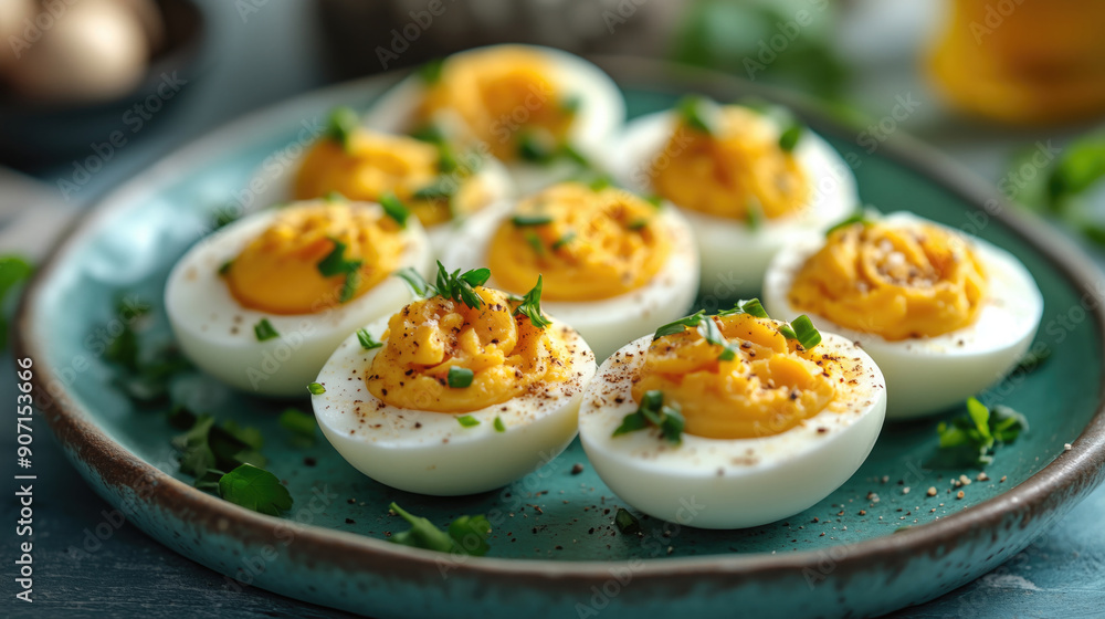 Delicious Deviled Eggs Garnished with Herbs on a Wooden Platter Delicious Deviled Eggs Garnished with Herbs on a Wooden Platter