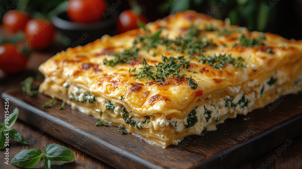 Spinach and Ricotta Lasagna with Fresh Herbs on a Wooden Board Spinach and Ricotta Lasagna with Fresh Herbs on a Wooden Board