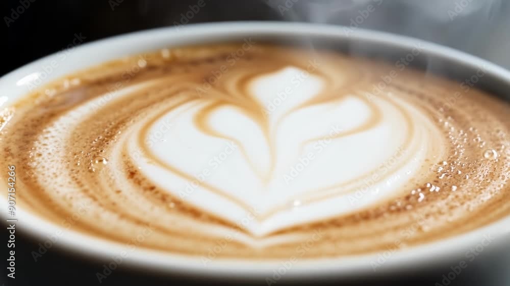 A closeup of steam rising from a cup of latte with perfectly frothed milk. A closeup of steam rising from a cup of latte with perfectly frothed milk.