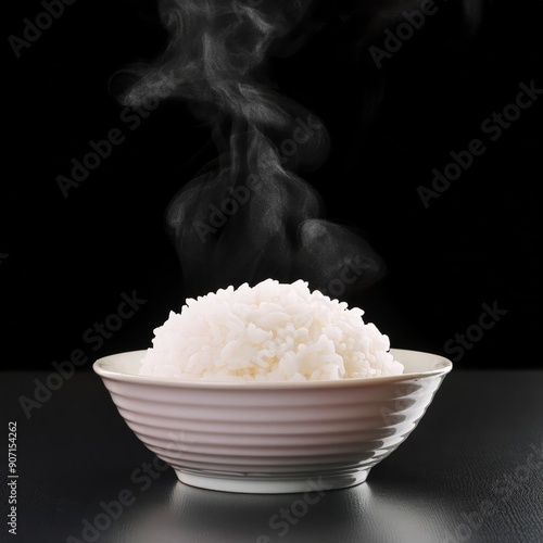 Steamed rice in bowl freshly cooked and ready to serve, simplicity and deliciousness of this staple food, perfect for any meal and enjoyed in various cuisine, Staple food, source of carbohydrate.  photo