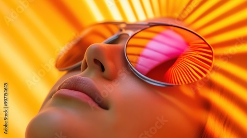 A woman wearing a yellow hat and sunglasses is laying on a beach