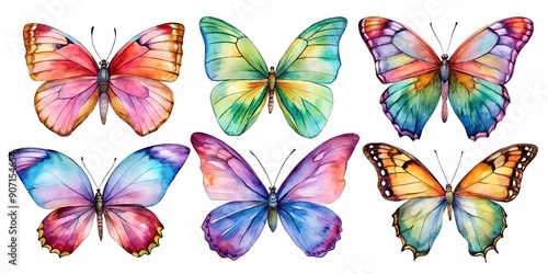 Set of beautiful watercolour tropical butterflies isolated on transparent background.