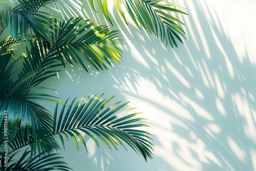 Tropical palm leaves with overlay shadow on white background Tropical palm leaves with overlay shadow on white background