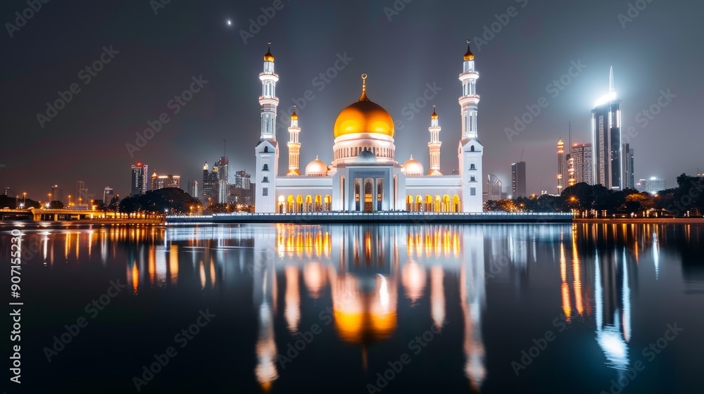 Obraz premium Sacred heritage mosque with neon reflections from the cityscape