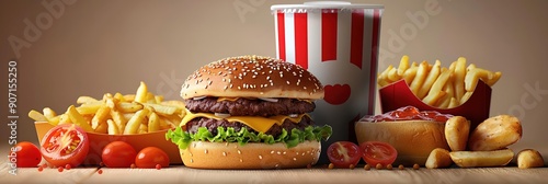 Wallpaper Mural Delicious Double Cheeseburger with Crispy French Fries, Onion Rings, and a Cold Drink - 3D Illustration Torontodigital.ca