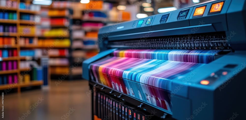 A high-end large format printer is printing colorful paper in an office environment with bright lighting and a sharp focus on the detailed print quality of its screen. A high-end large format printer is printing colorful paper in an office environment with bright lighting and a sharp focus on the detailed print quality of its screen.