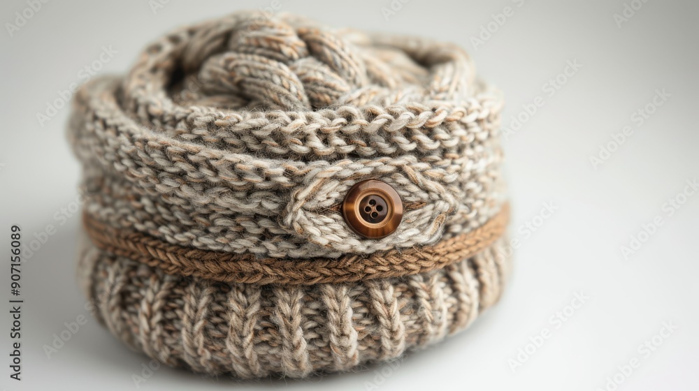 High-resolution knitted ear warmer with a button, cozy and fashionable, isolated on a plain background with room for advertising text or logos High-resolution knitted ear warmer with a button, cozy and fashionable, isolated on a plain background with room for advertising text or logos
