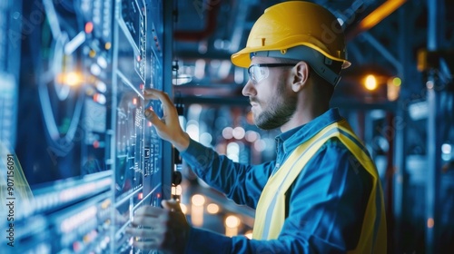 A man in a yellow safety vest is working on a computer screen