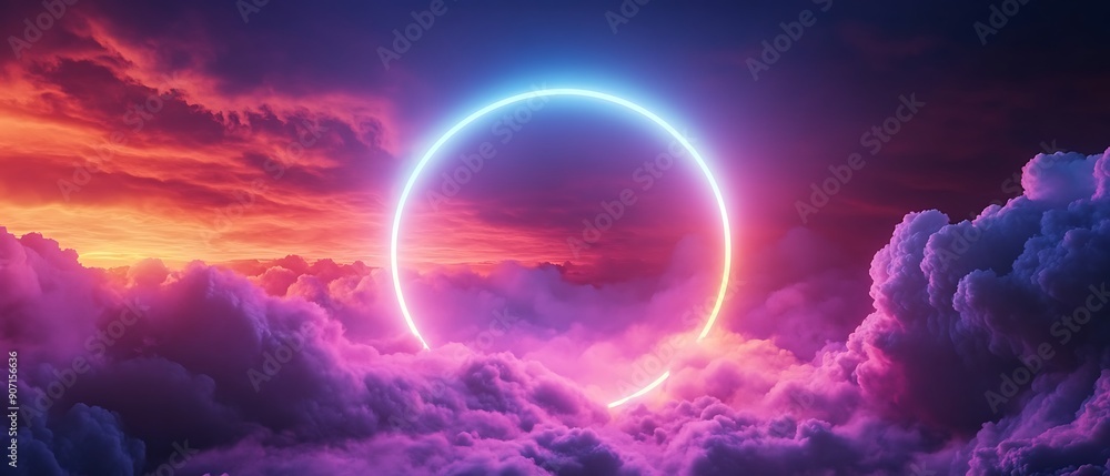 A glowing neon ring hovers above a field of dramatic purple and pink clouds, creating a surreal and otherworldly scene. A glowing neon ring hovers above a field of dramatic purple and pink clouds, creating a surreal and otherworldly scene.