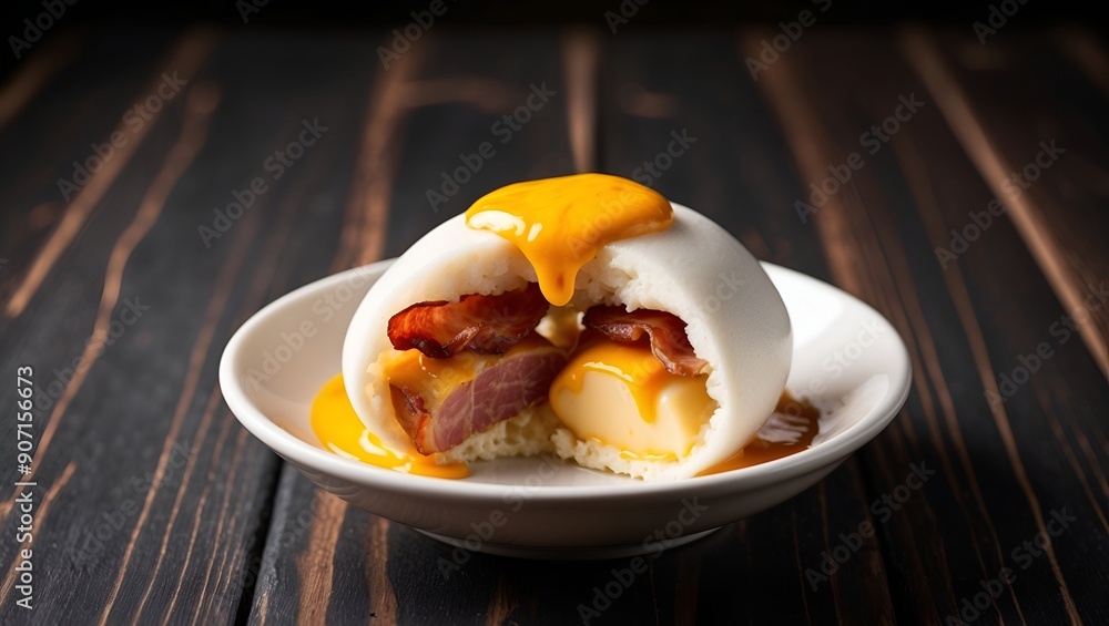Bacon & Cheese Takoyaki - Bacon and cheese inside, with a cheese sauce on top. Bacon & Cheese Takoyaki - Bacon and cheese inside, with a cheese sauce on top.