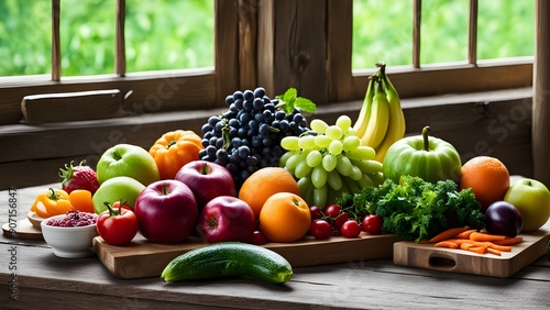 A table full of fruits and vegetables including apples, oranges, bananas