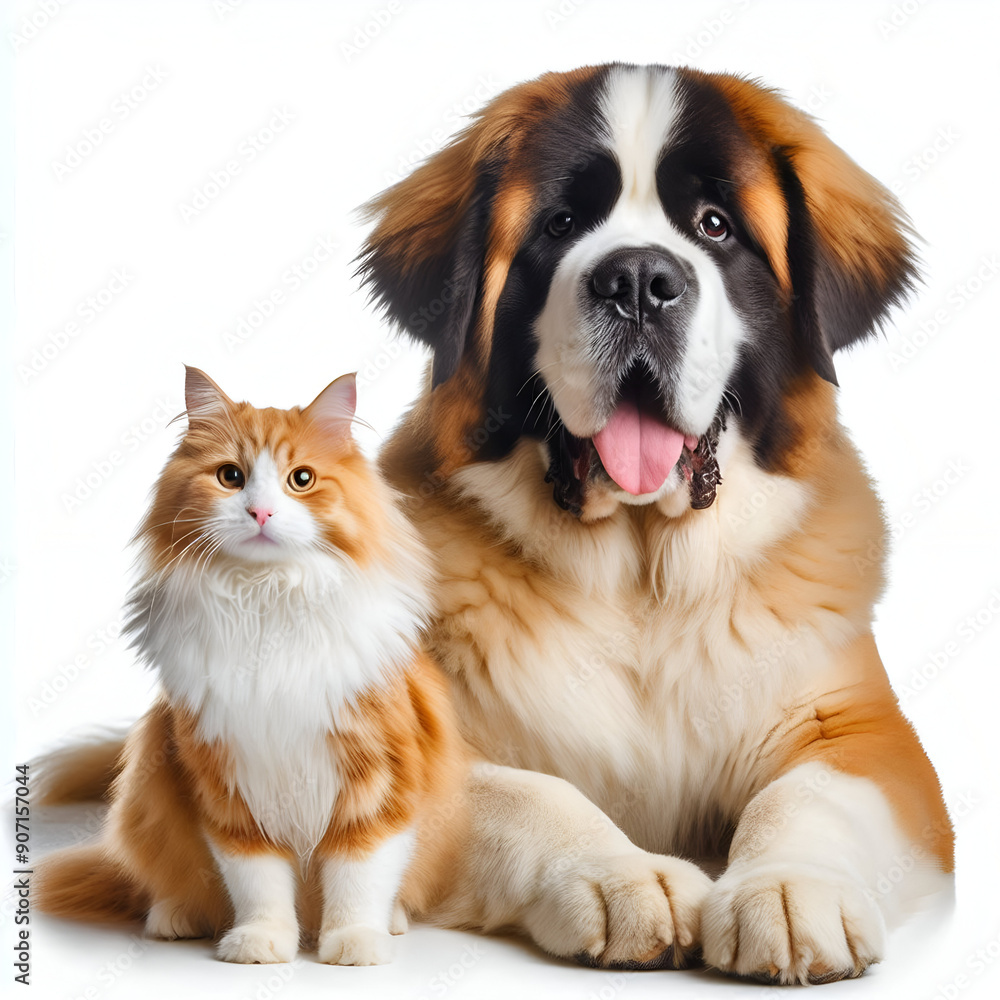Perro y gato sentados mirando a cámara aislados sobre fondo blanco Perro y gato sentados mirando a cámara aislados sobre fondo blanco