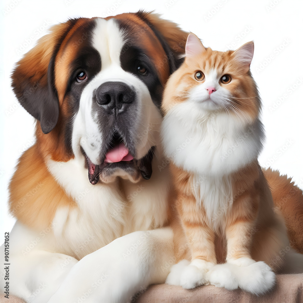 Perro y gato sentados mirando a cámara aislados sobre fondo blanco Perro y gato sentados mirando a cámara aislados sobre fondo blanco