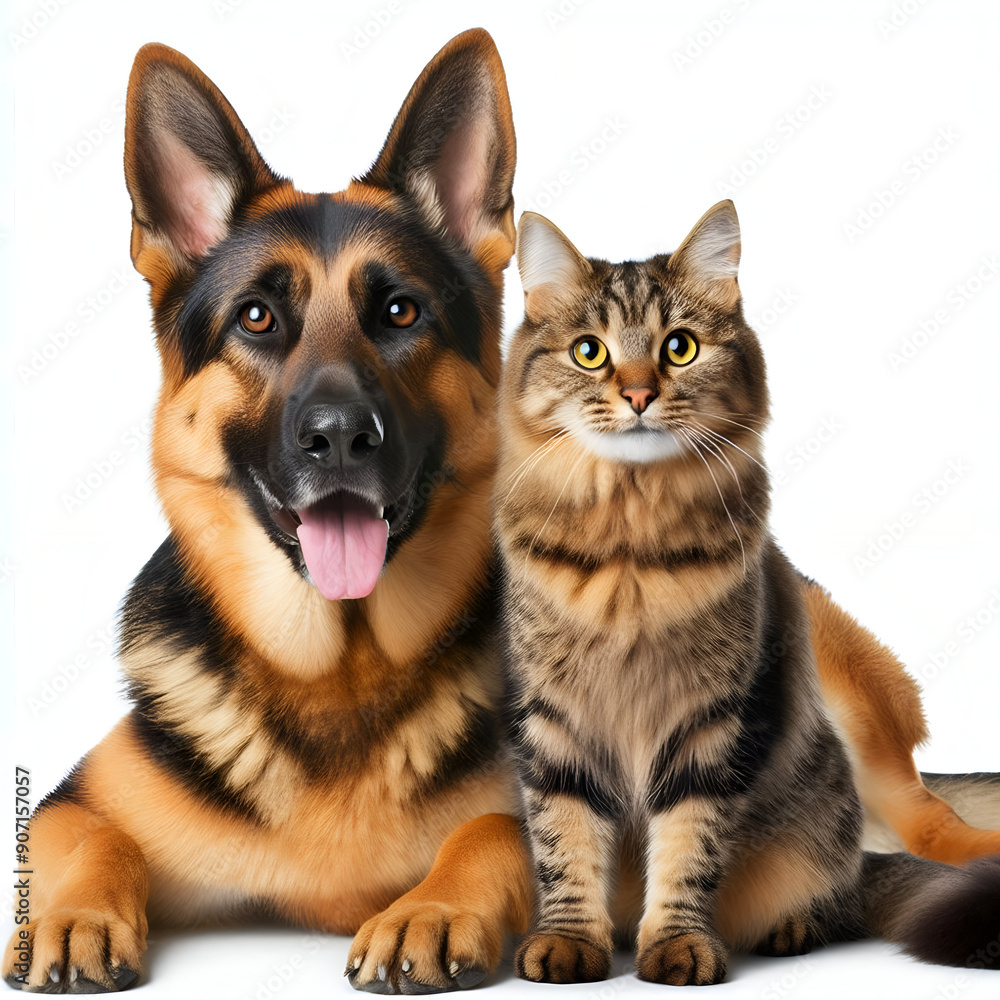 Perro y gato sentados mirando a cámara aislados sobre fondo blanco Perro y gato sentados mirando a cámara aislados sobre fondo blanco