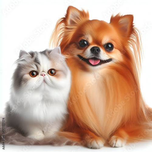 Perro y gato sentados mirando a cámara aislados sobre fondo blanco	