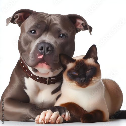 Perro y gato sentados mirando a cámara aislados sobre fondo blanco	