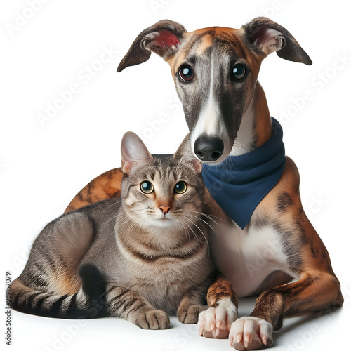 Perro y gato sentados mirando a cámara aislados sobre fondo blanco	
