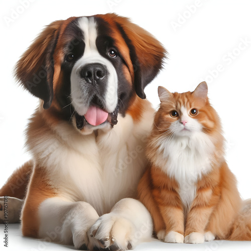 Perro y gato sentados mirando a cámara aislados sobre fondo blanco	