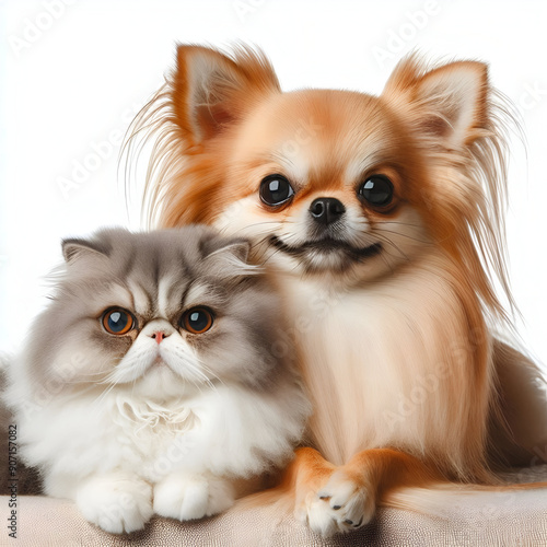 Perro y gato sentados mirando a cámara aislados sobre fondo blanco	