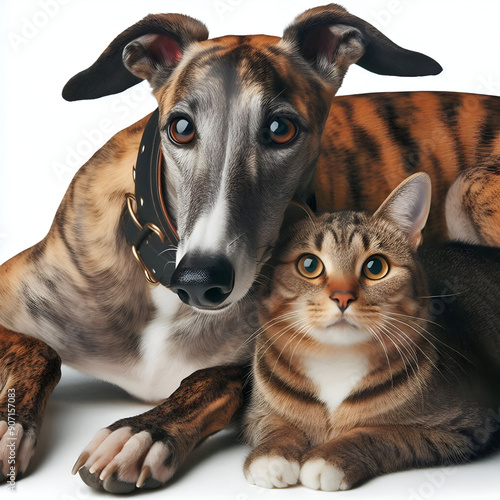 Perro y gato sentados mirando a cámara aislados sobre fondo blanco	