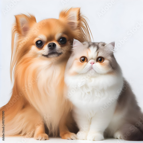 Perro y gato sentados mirando a cámara aislados sobre fondo blanco	