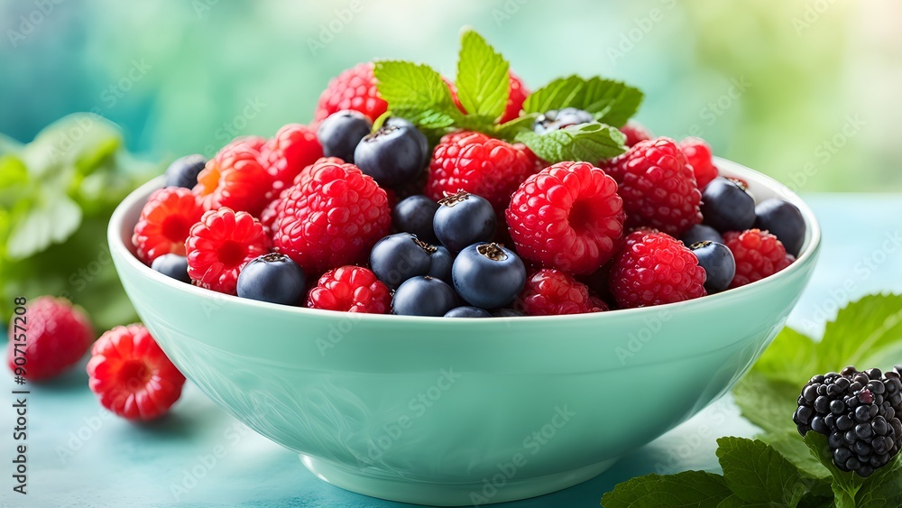 A bowl of mixed berries, including blueberries and raspberries A bowl of mixed berries, including blueberries and raspberries
