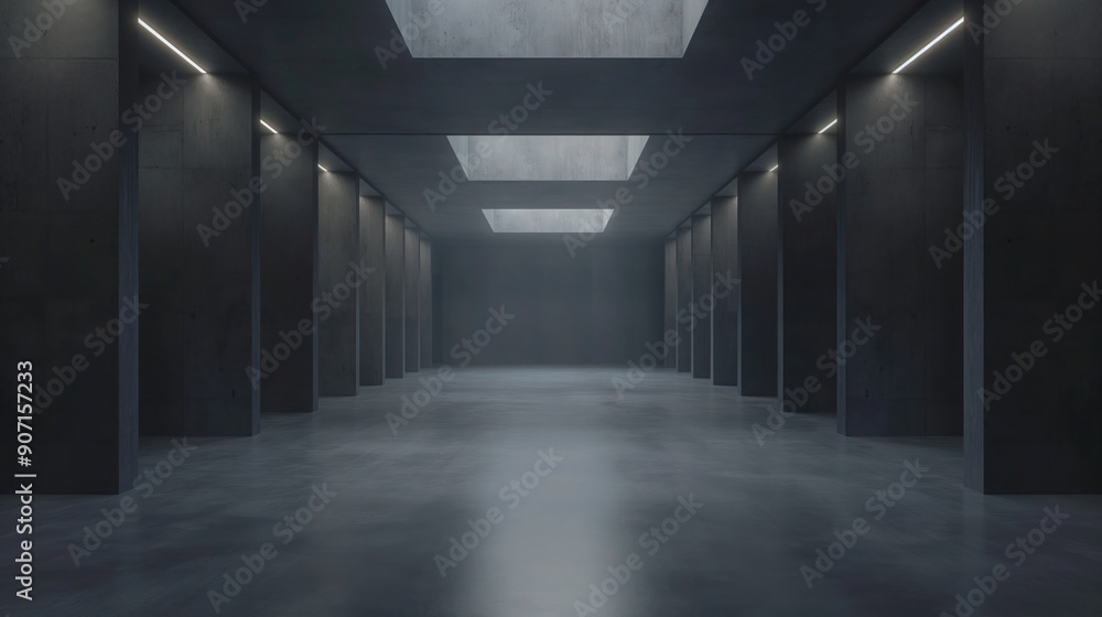 Empty abstract industrial concrete interior with a polished concrete floor, dark and dramatic lighting, minimalist design, 3D illustration Empty abstract industrial concrete interior with a polished concrete floor, dark and dramatic lighting, minimalist design, 3D illustration