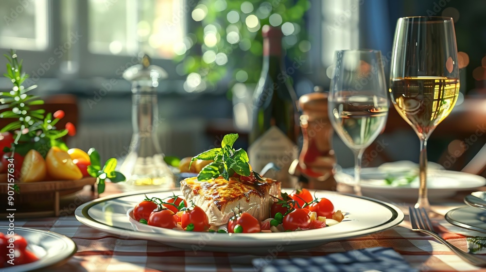 Grilled Fish with Cherry Tomatoes and Green Peas 3D Illustration Grilled Fish with Cherry Tomatoes and Green Peas 3D Illustration