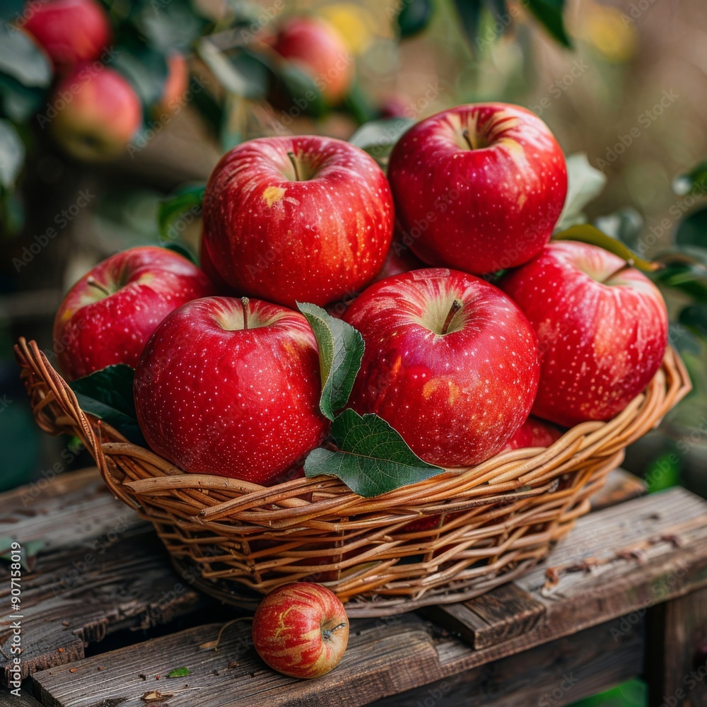 Rustic Orchard Bounty: A Close-Up of Crimson Apples in a Basket on a Garden Table, Ideal for Outdoor Orchard Marketing Posters Rustic Orchard Bounty: A Close-Up of Crimson Apples in a Basket on a Garden Table, Ideal for Outdoor Orchard Marketing Posters