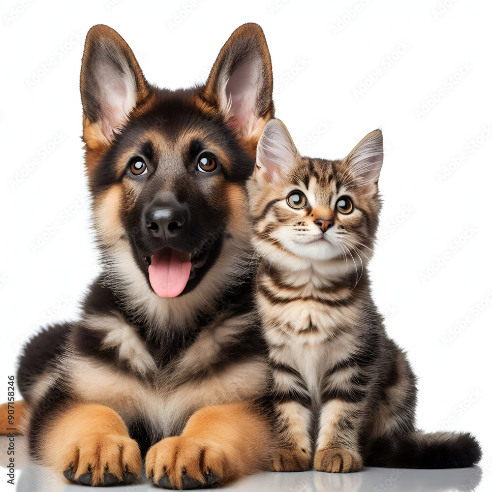 Perro y gato sentados mirando a cámara aislados sobre fondo blanco Perro y gato sentados mirando a cámara aislados sobre fondo blanco
