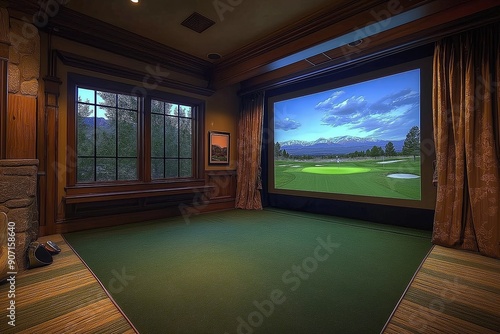 modern indoor golf simulator club interior design professional photography photo