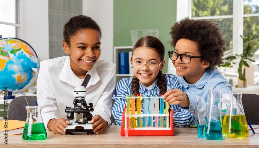 Students doing experiments in science lab in school, mockup design ...