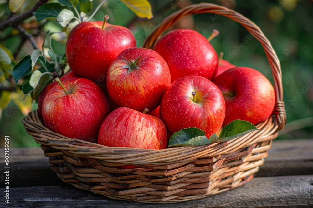 Rustic Orchard Bounty: A Close-Up of Crimson Apples in a Basket on a Garden Table, Ideal for Outdoor Orchard Marketing Posters Rustic Orchard Bounty: A Close-Up of Crimson Apples in a Basket on a Garden Table, Ideal for Outdoor Orchard Marketing Posters
