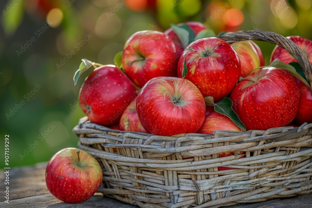Rustic Orchard Bounty: A Close-Up of Crimson Apples in a Basket on a Garden Table, Ideal for Outdoor Orchard Marketing Posters Rustic Orchard Bounty: A Close-Up of Crimson Apples in a Basket on a Garden Table, Ideal for Outdoor Orchard Marketing Posters