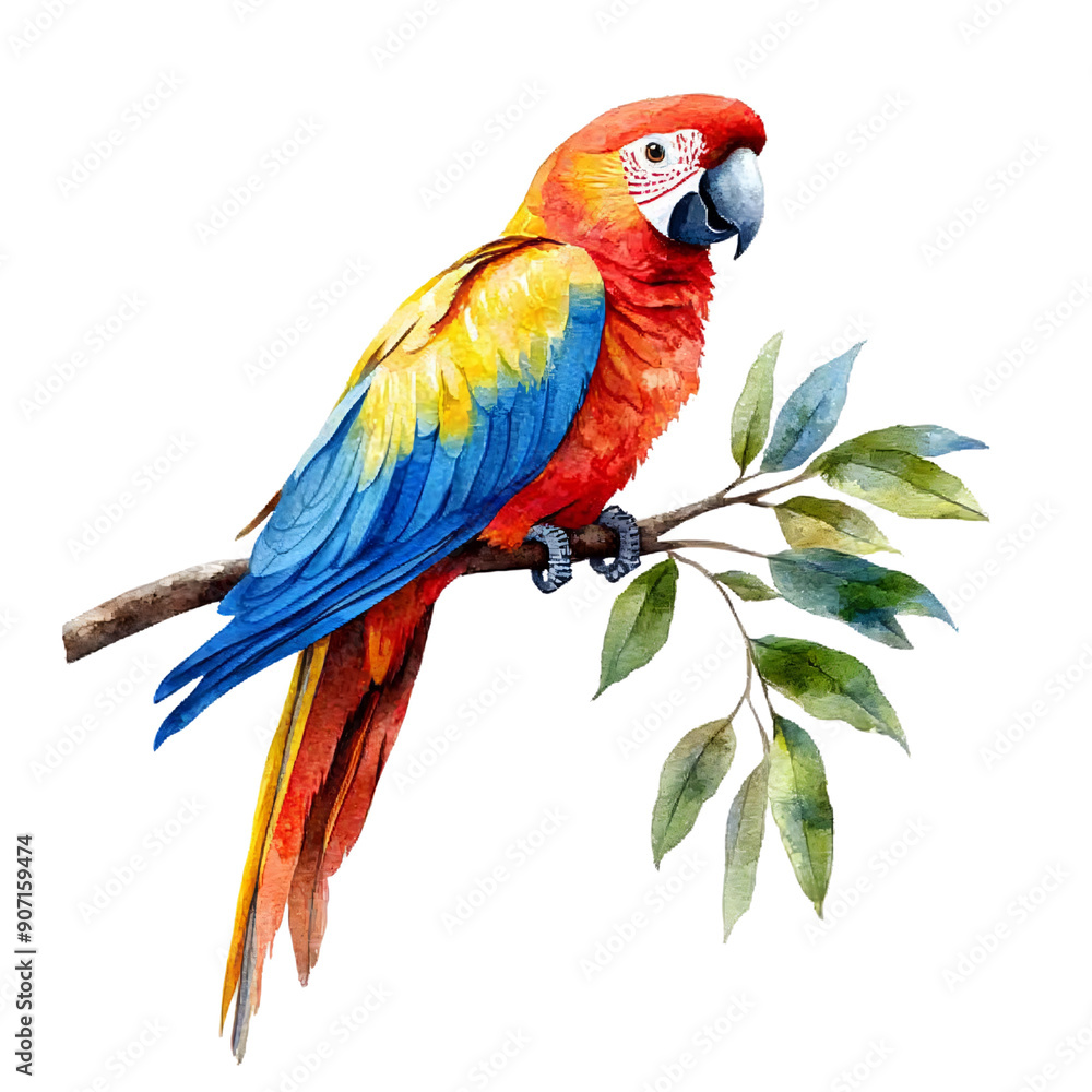 Obraz premium Vibrant Macaw Watercolor Painting: A stunning watercolor painting of a scarlet macaw perched on a branch, its vibrant plumage and intricate details captured in exquisite detail. The painting exudes tr