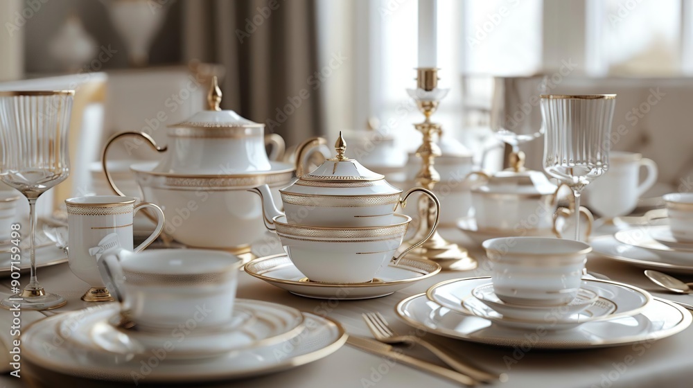 Elegant White and Gold Tea Set on a Table - Realistic Image Elegant White and Gold Tea Set on a Table - Realistic Image