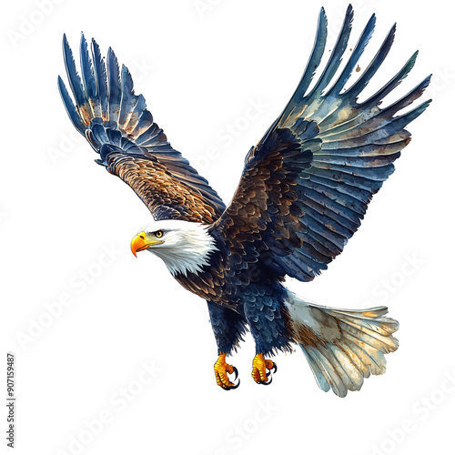 Graceful Eagle in Flight: Watercolor Style Illustration of Majestic Bird with Outstretched Wings on White Background