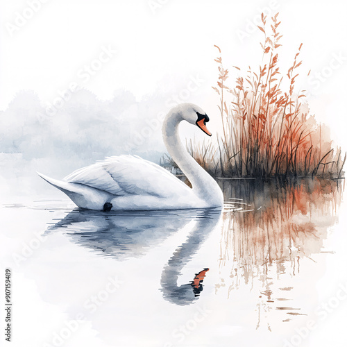 Fototapeta Naklejka Na Ścianę i Meble -  Serene Swan's Reflection: A graceful swan glides on tranquil waters, its pristine white plumage mirrored in the reflection below, surrounded by the warm hues of autumn reeds. 