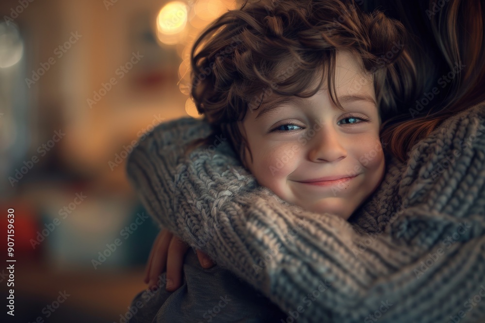 A young child with tousled hair smiles warmly while being hugged by an adult in a cozy, knitted sweater, set in a softly lit interior background. A young child with tousled hair smiles warmly while being hugged by an adult in a cozy, knitted sweater, set in a softly lit interior background.