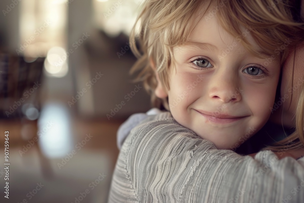 A young boy, expressing happiness with a charming smile, is held affectionately indoors, capturing a moment filled with warmth, love, and security in a cozy setting. A young boy, expressing happiness with a charming smile, is held affectionately indoors, capturing a moment filled with warmth, love, and security in a cozy setting.