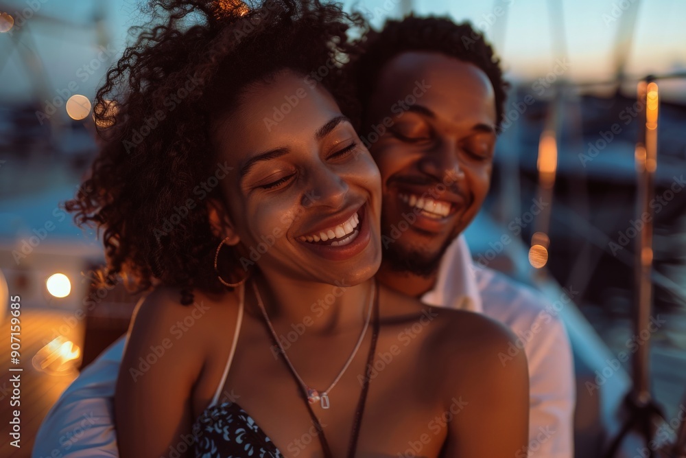 A joyful couple shares a warm, intimate moment as they smile and embrace on a boat at sunset, with the boat's lights softly illuminating their faces. A joyful couple shares a warm, intimate moment as they smile and embrace on a boat at sunset, with the boat's lights softly illuminating their faces.