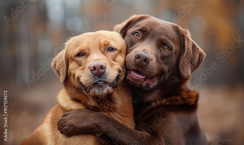 Two happy dogs hugging each other symbolize best friends, showcasing joy and affection.
