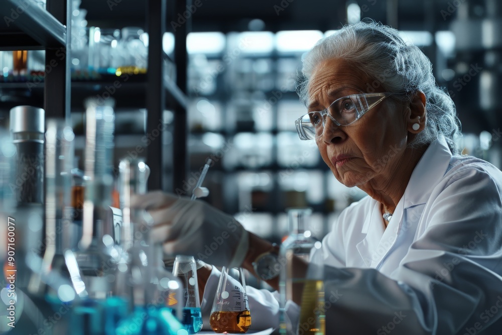 A lab technician preparing chemical solutions attentively in a well-organized laboratory, wearing a lab coat, and surrounded by glassware and various research tools. A lab technician preparing chemical solutions attentively in a well-organized laboratory, wearing a lab coat, and surrounded by glassware and various research tools.