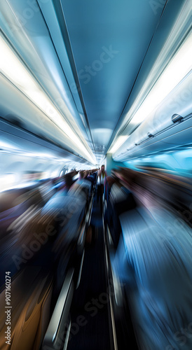 Turbulence. Blurred image of an airplane cabin, with a full cabin of people during turbulence.