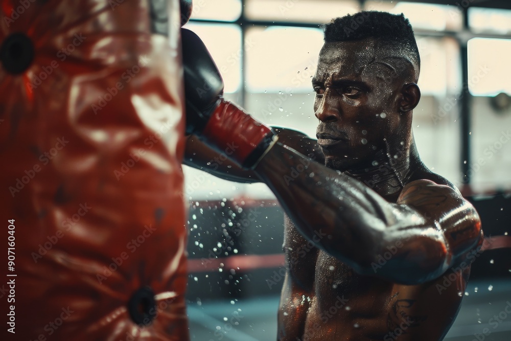 A dedicated boxer clad in red gloves directs his energy towards a red punching bag. Photographed indoors, the image captures the essence of dedication and physical intensity in training.